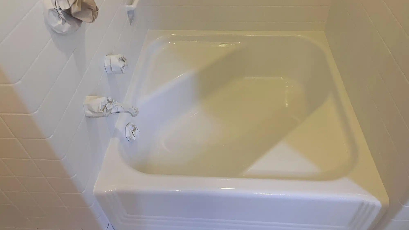 White bathtub beside a toilet paper dispenser