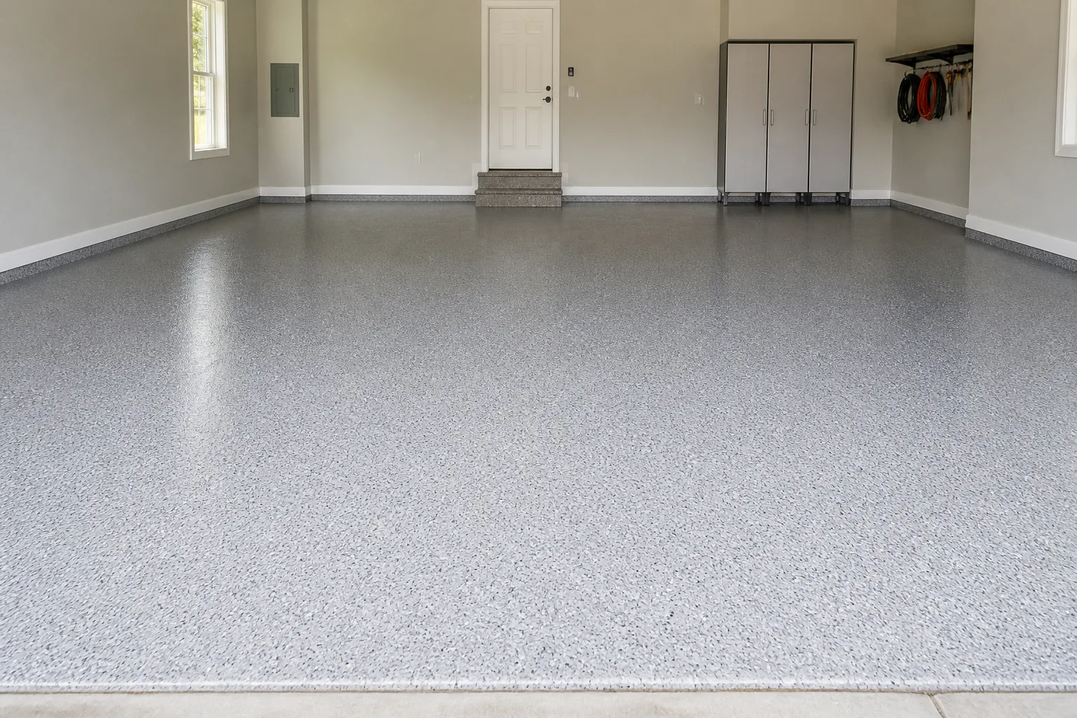 Finished gray flake epoxy garage floor